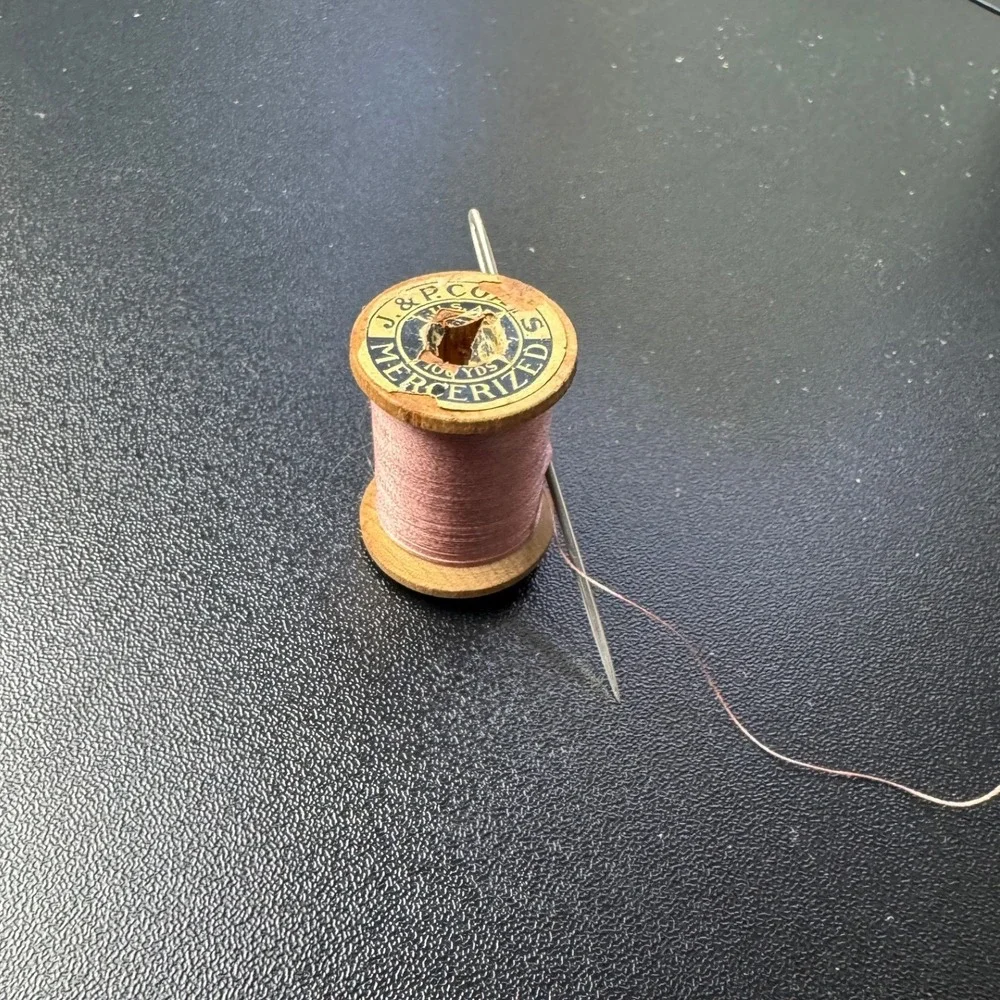 Vintage J&P Coats Wooden Thread Spool Mercerized Pink Cotton with Needle 100 Yds